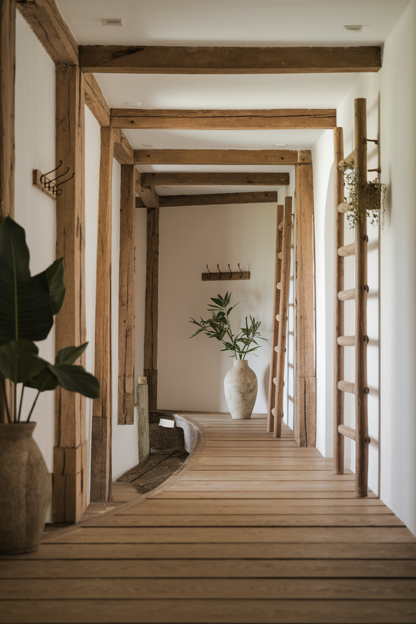 A rustic hallway with wooden beams, a curved wooden path, and a plant in a pot.