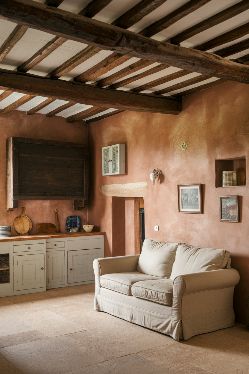 Cozy living area with rustic farmhouse style featuring warm terracotta walls, wooden beams, and comfortable furniture.