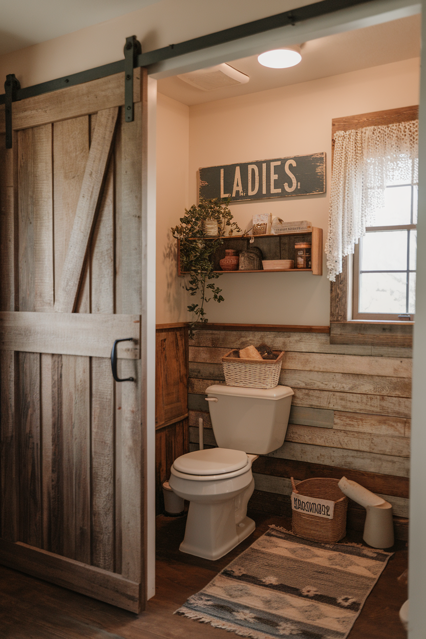 A rustic bathroom featuring wooden walls, a barn-style door, and cozy decor.
