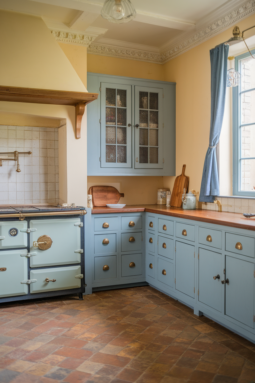 A cozy kitchen with rustic tile flooring and soft blue cabinets.