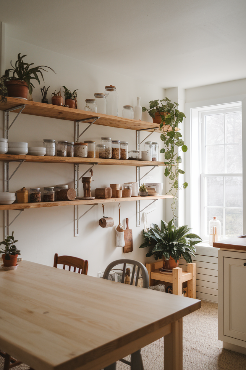 A cozy kitchen with rustic wooden shelves displaying jars, plants, and kitchen tools.