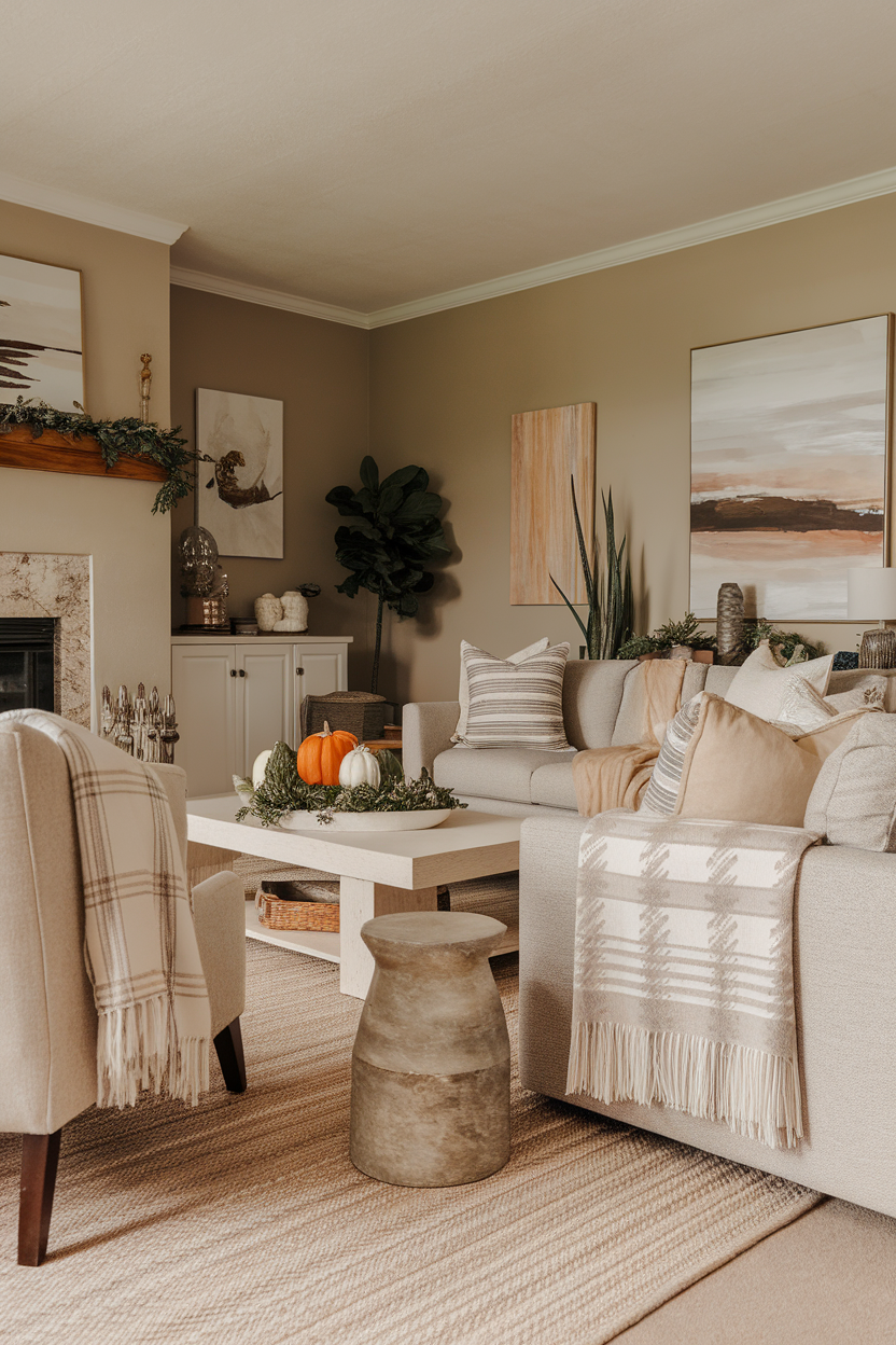 A cozy living room with seasonal decor featuring pumpkins, pillows, and a soft blanket.