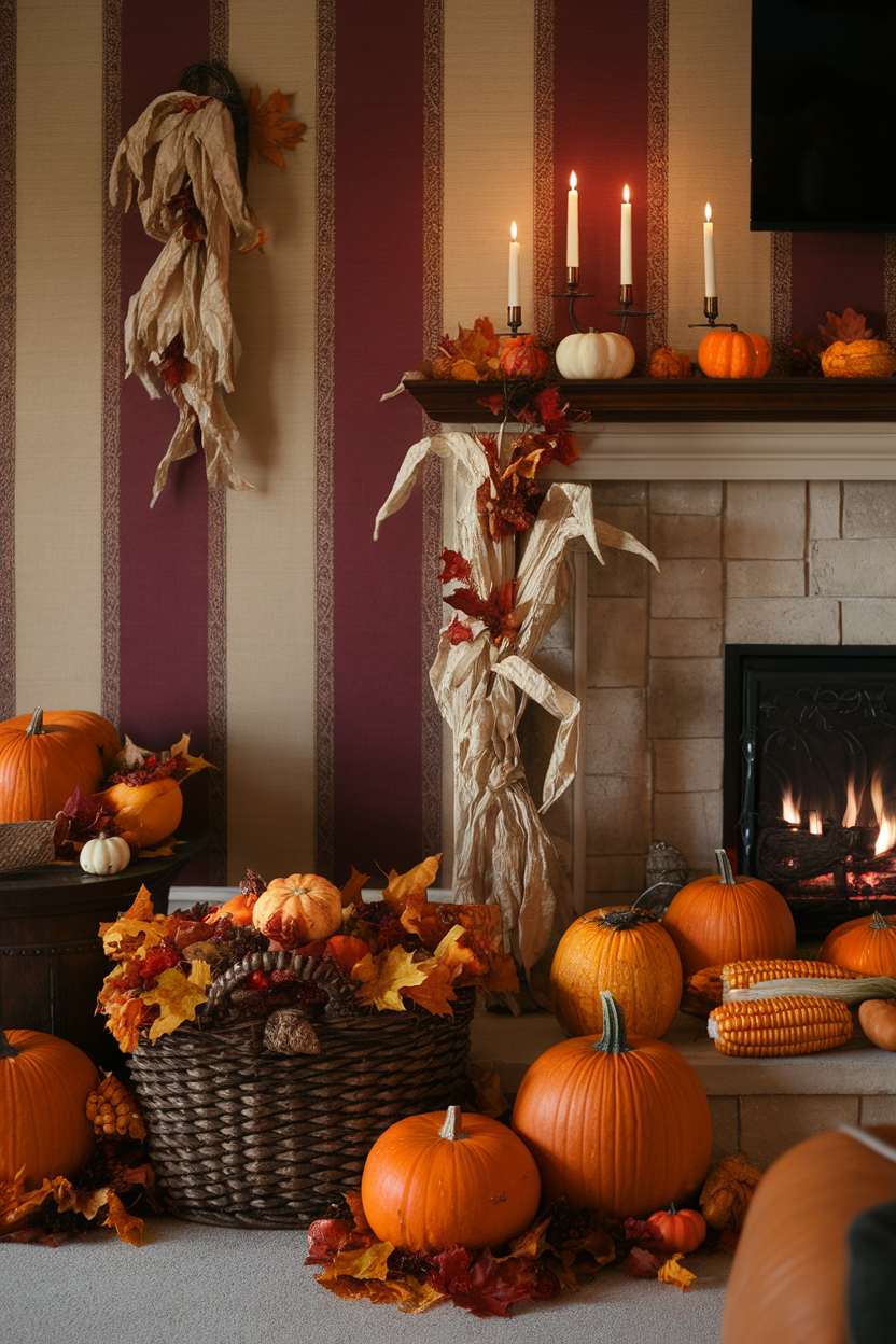 Cozy fall decor with pumpkins, leaves, and candles.