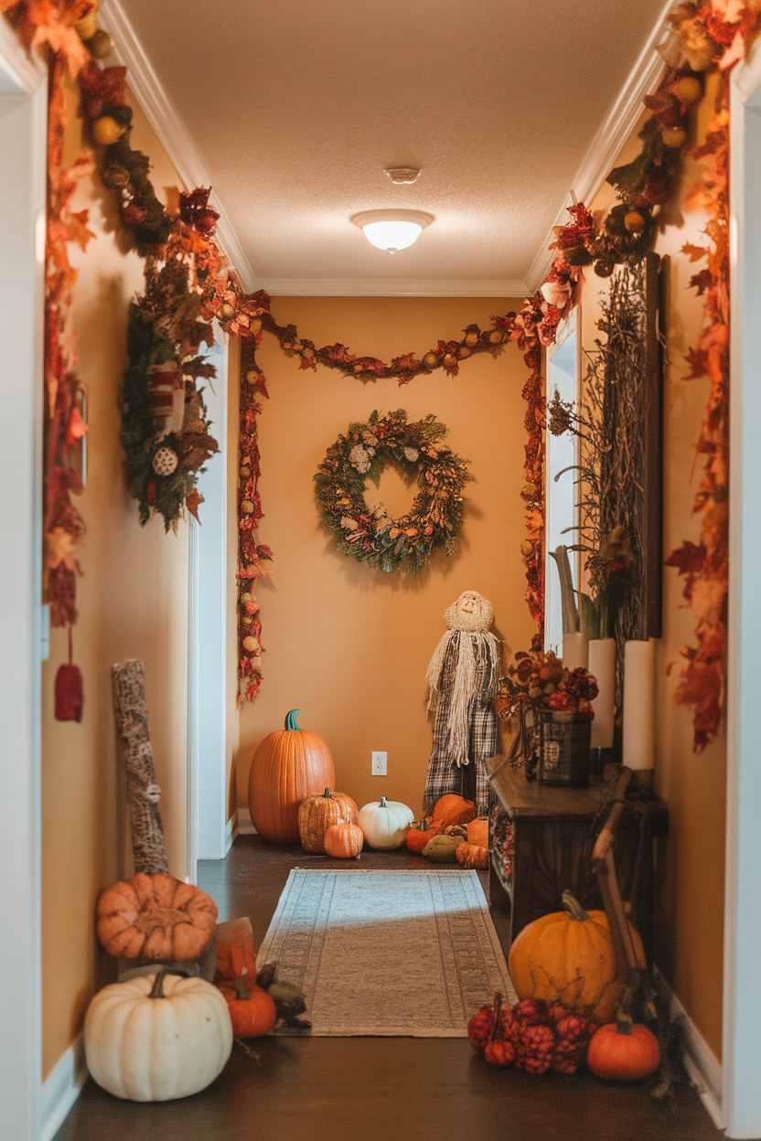 A cozy hallway decorated with autumn accents, including pumpkins, foliage, and a scarecrow.