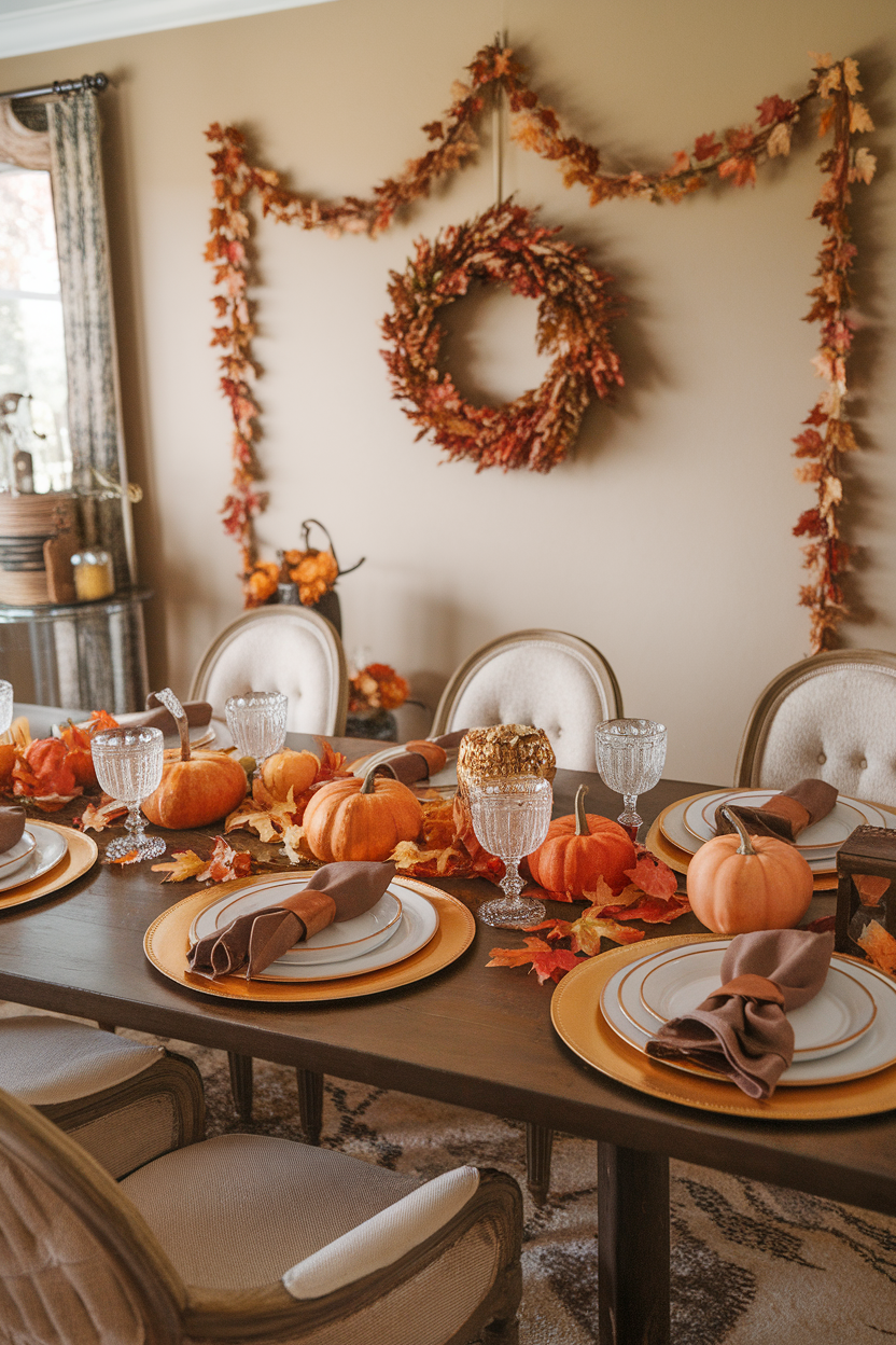 A beautifully set dining table for autumn, decorated with pumpkins, leaves, and elegant dinnerware.