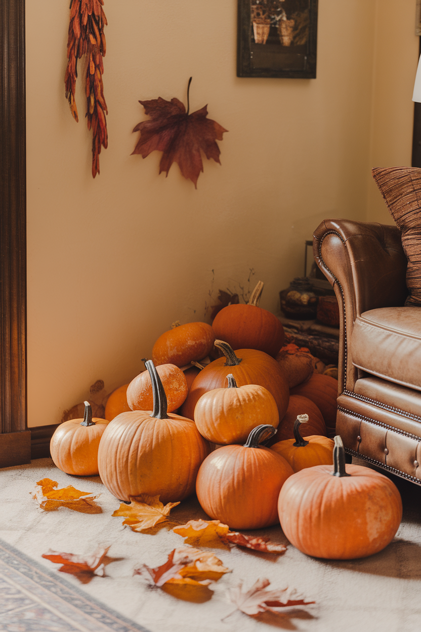 Sitting room decorated with pumpkins and autumn leaves.