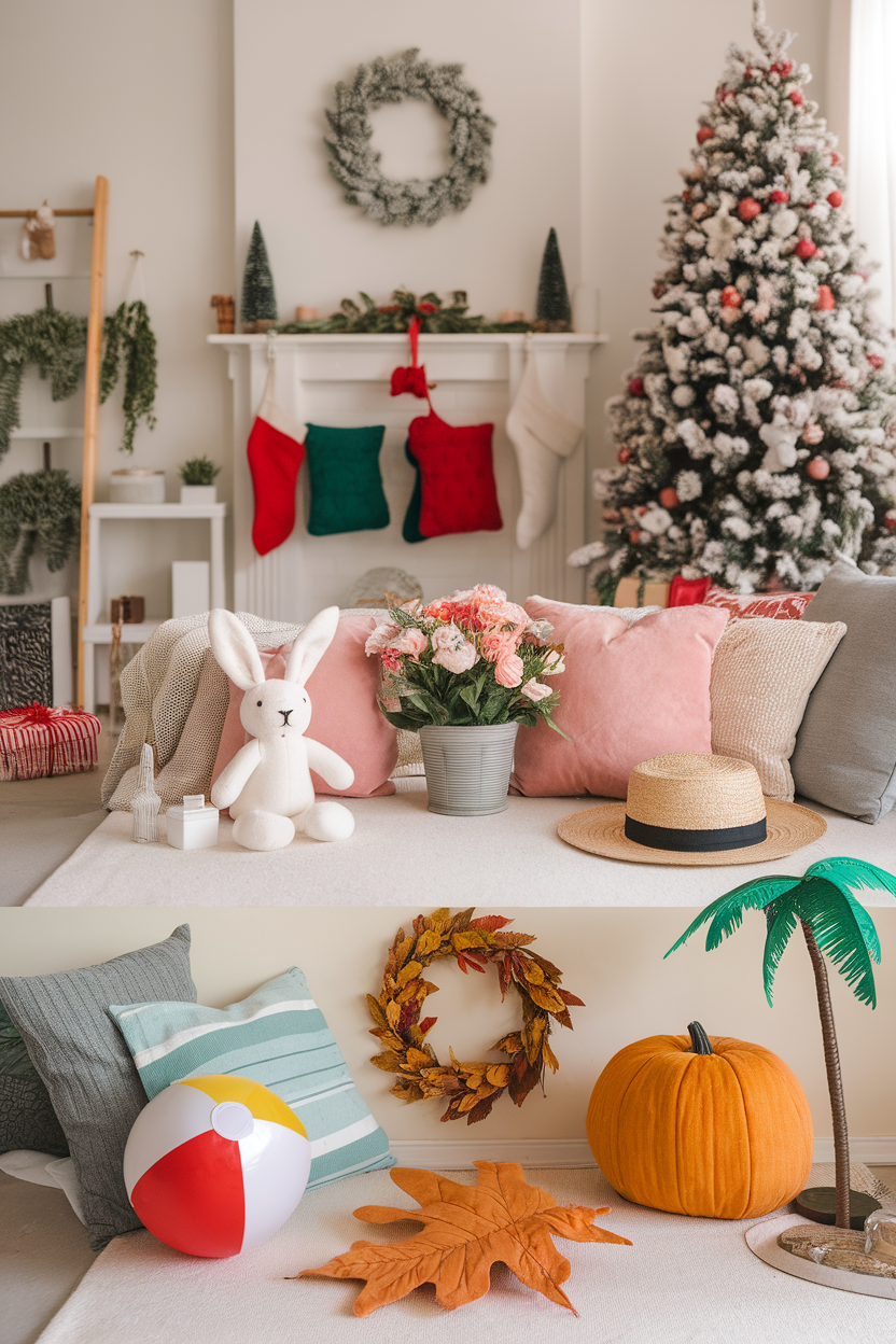 A cozy living room decorated with seasonal items, including a Christmas tree, wreaths, and colorful pillows.