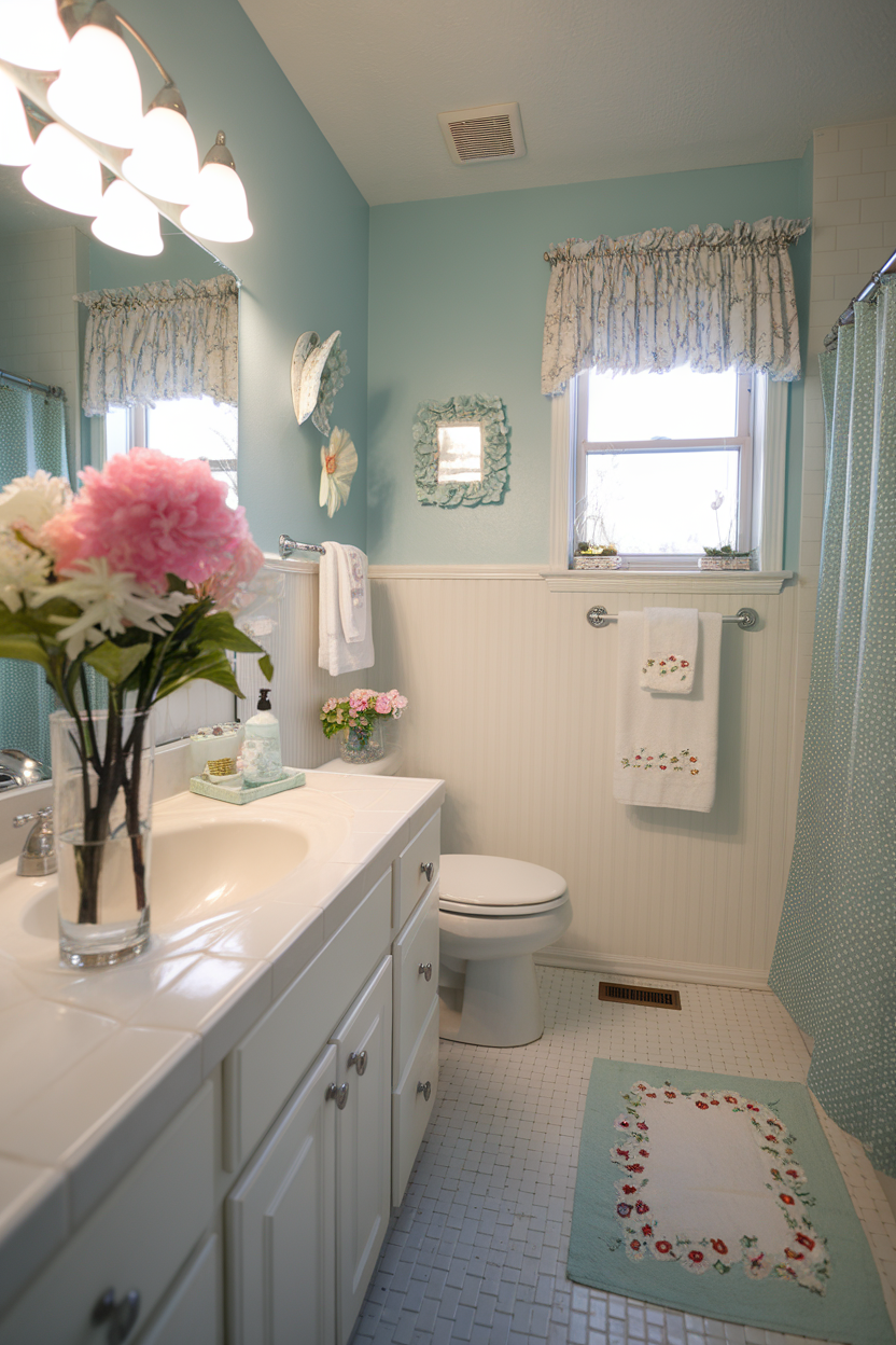 A bright and cheerful bathroom with pastel colors, flowers, and decorative towels.