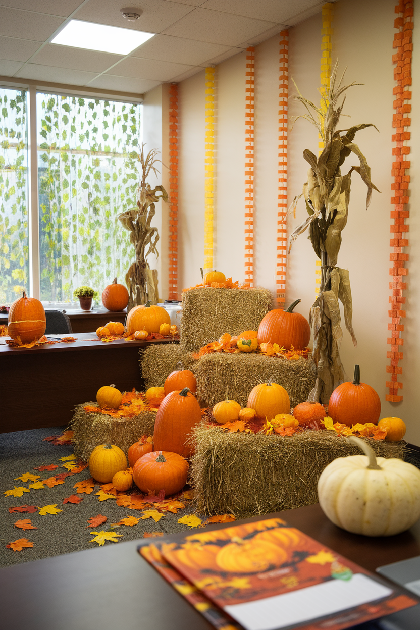 An office decorated for fall with pumpkins, hay bales, and colorful leaves.