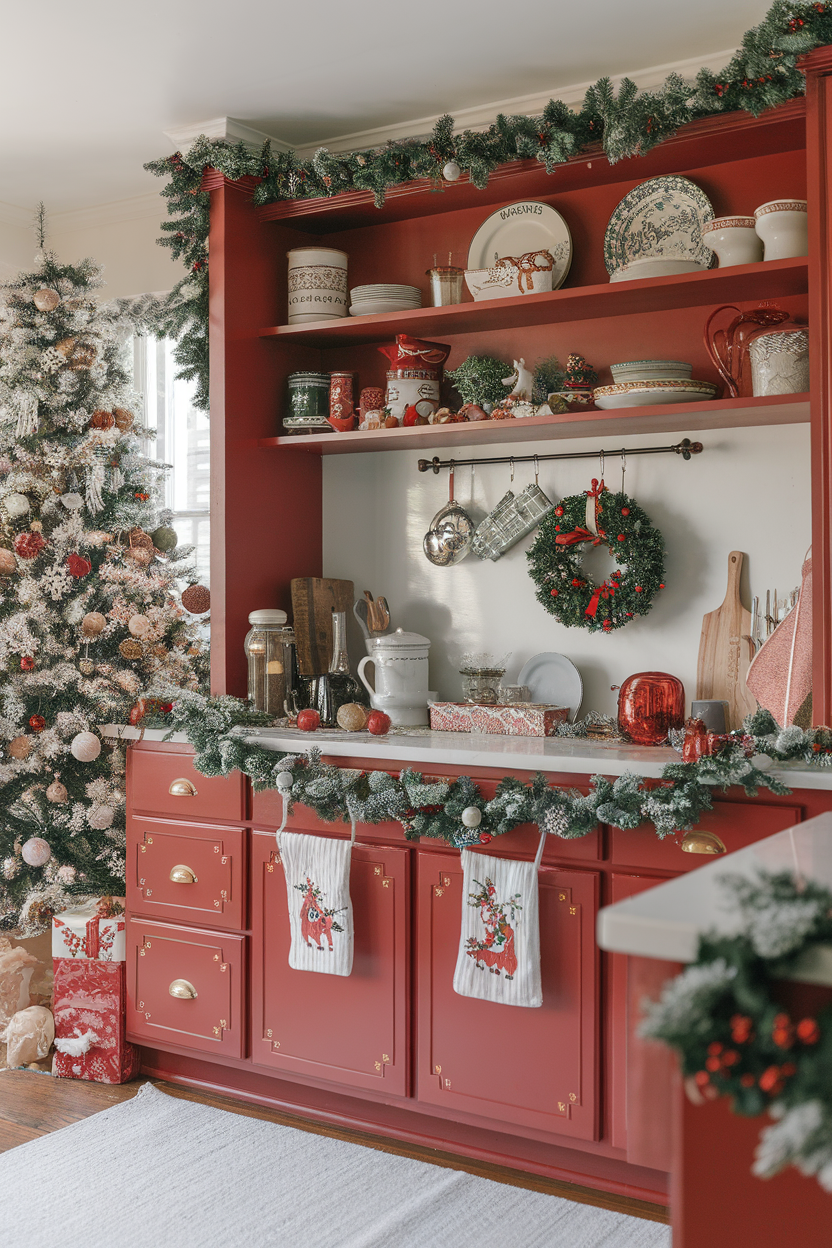 A cozy kitchen decorated for the holiday season with a Christmas tree, festive garlands, and cheerful dishware.