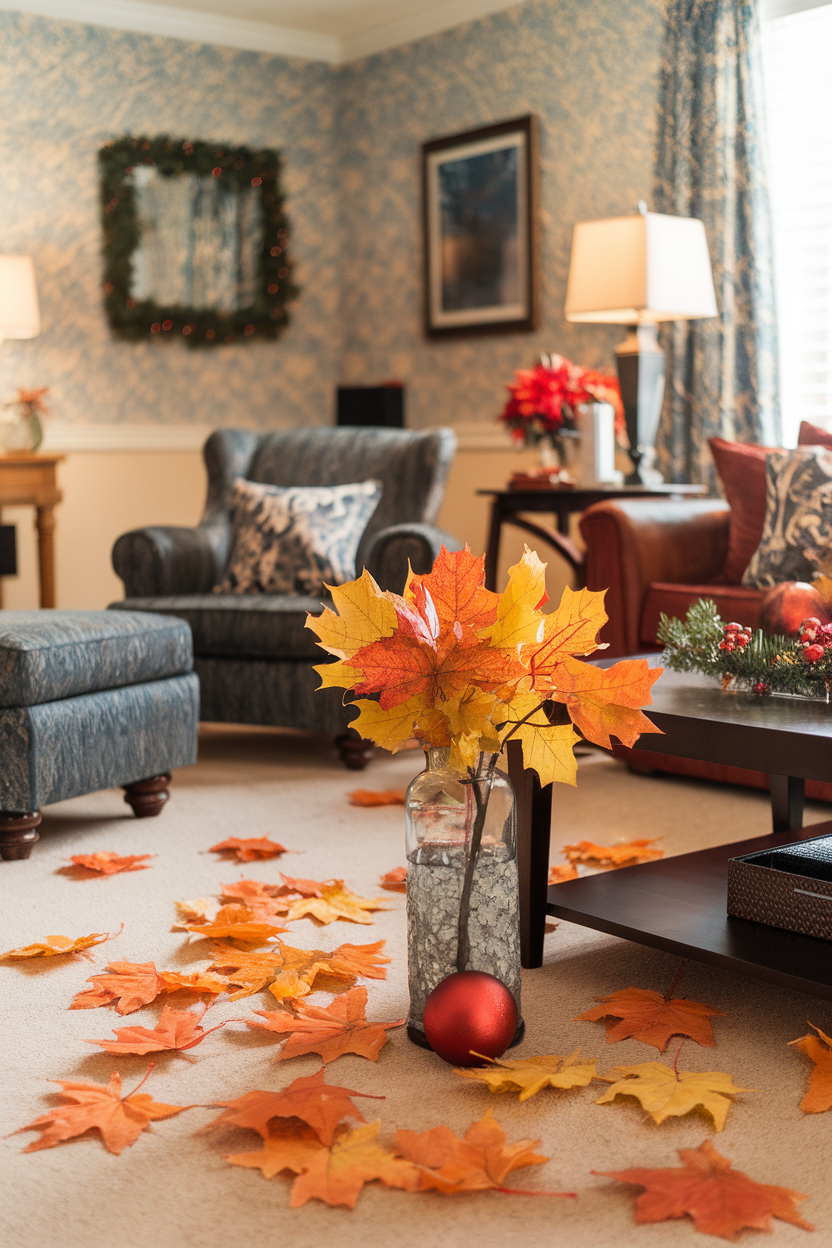 A cozy living room decorated for fall with artificial leaves and a red ornament.