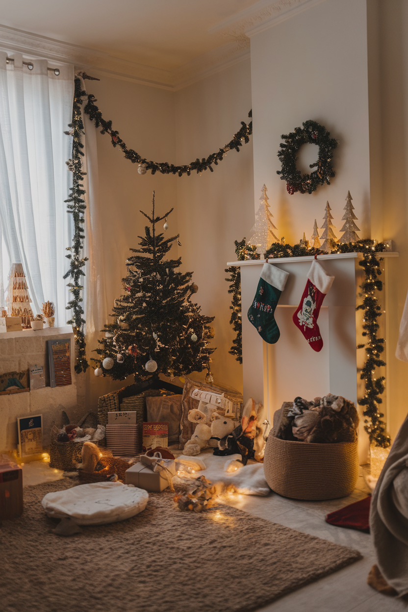 Cozy kids room decorated for the holidays with a Christmas tree, stockings, and warm lights.