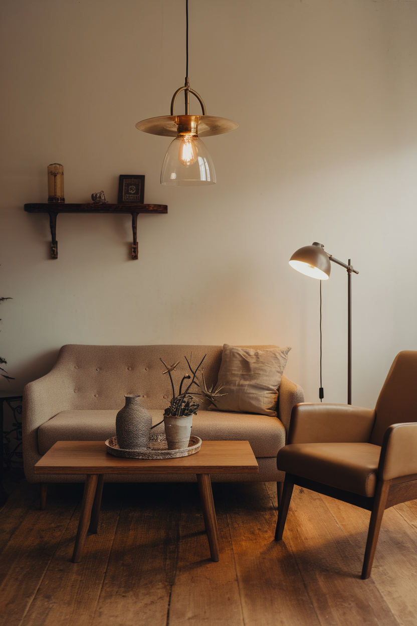 A cozy small living room featuring a stylish pendant light, a floor lamp, and a simple wooden coffee table.