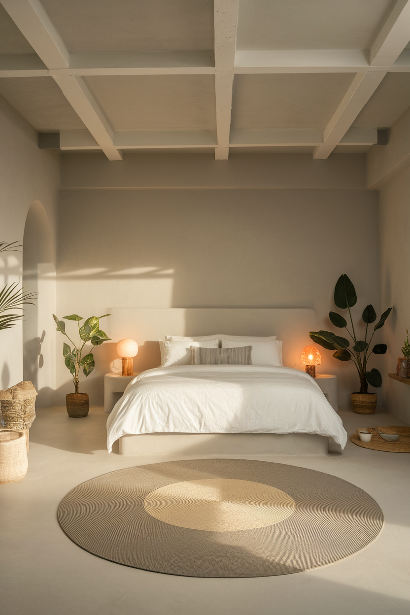 A serene bedroom featuring soft lighting, a comfortable bed, and plants.