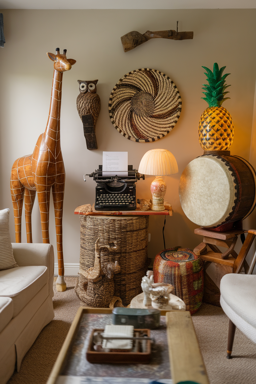 A cozy small living room filled with unique decor items like a giraffe sculpture, an owl figure, a vintage typewriter, and colorful baskets.