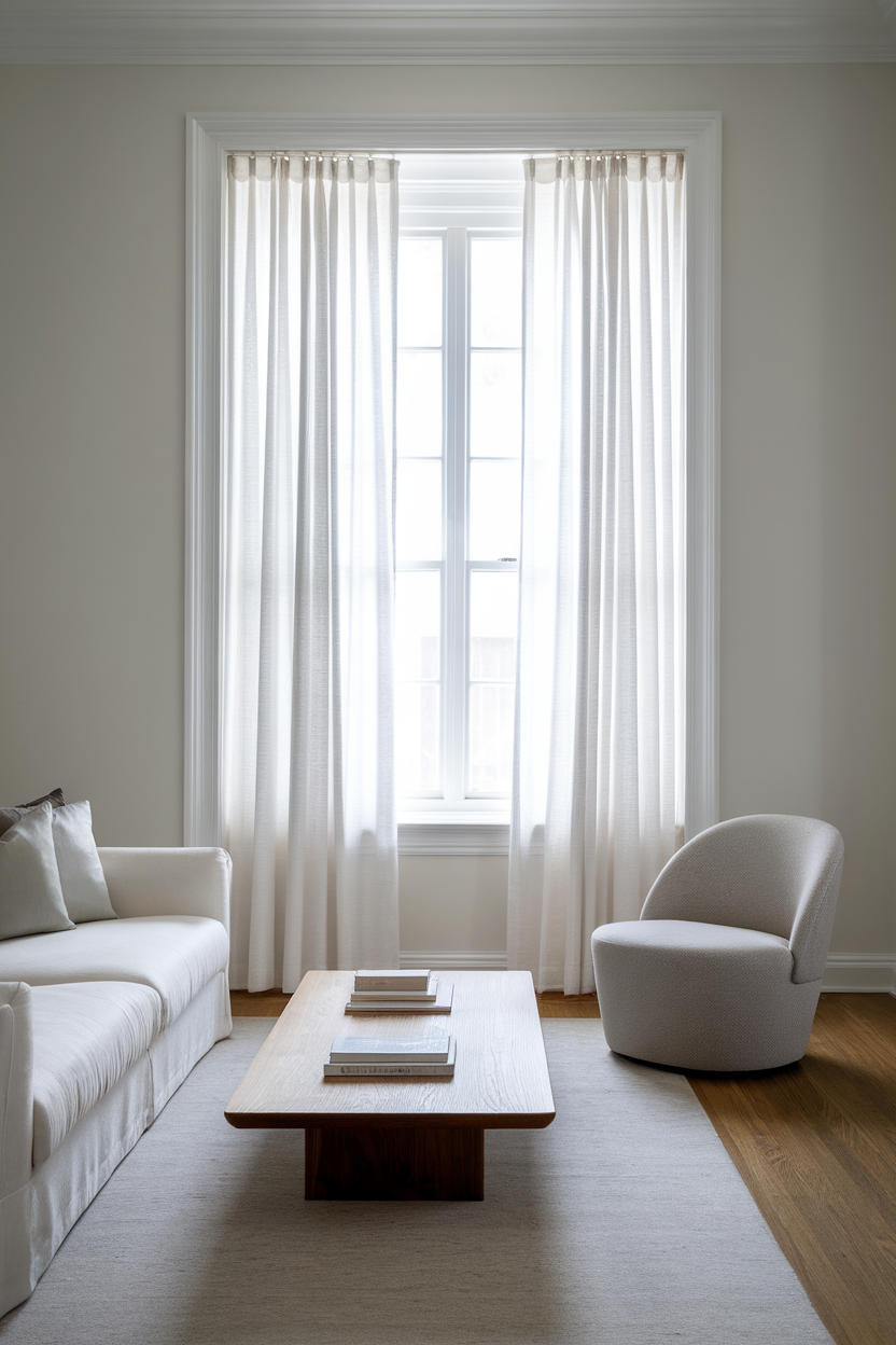 A cozy living room featuring sheer white curtains, a wooden coffee table, and a comfortable chair.