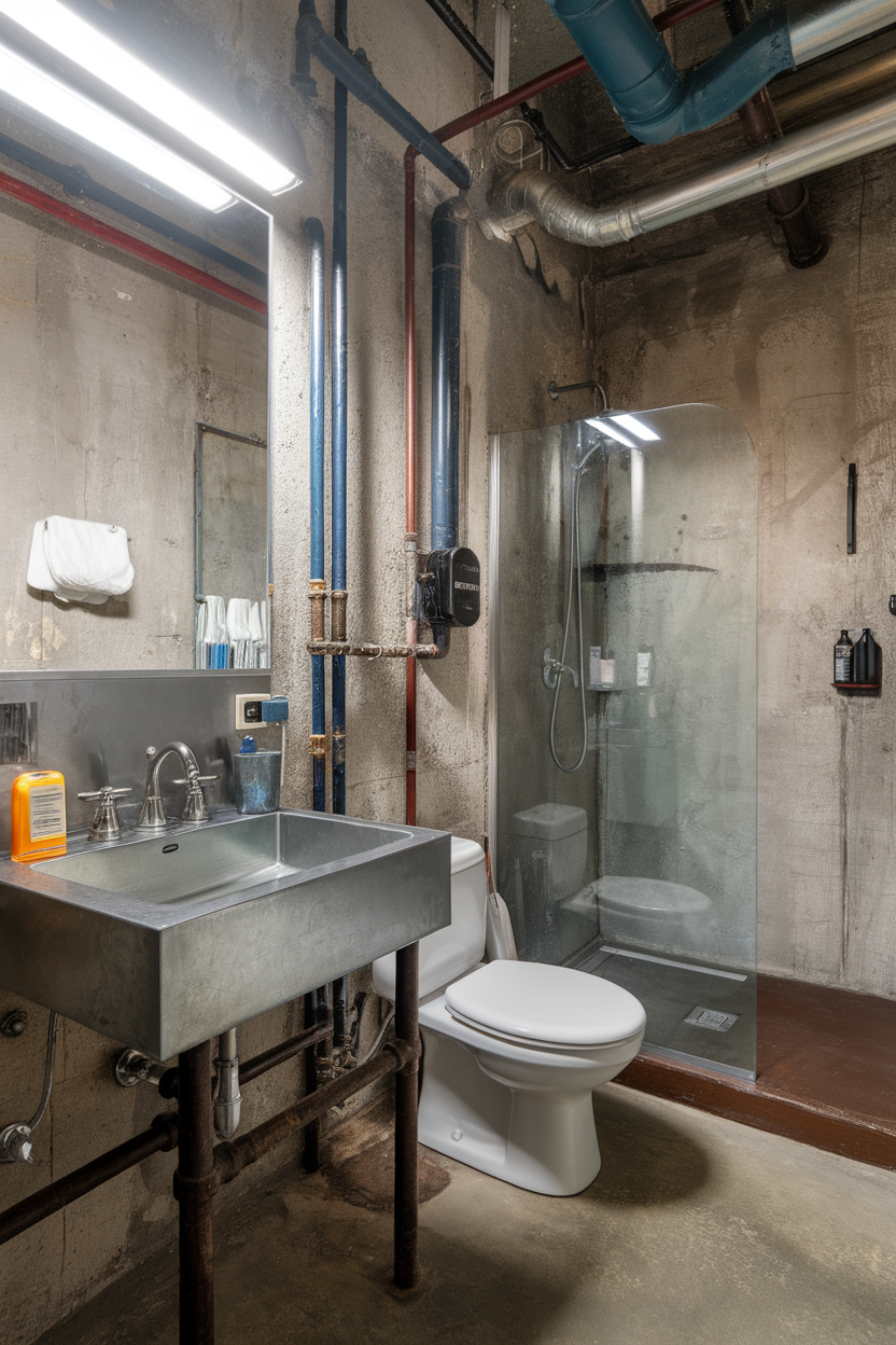 An industrial bathroom featuring a metal sink, exposed pipes, and a glass shower.