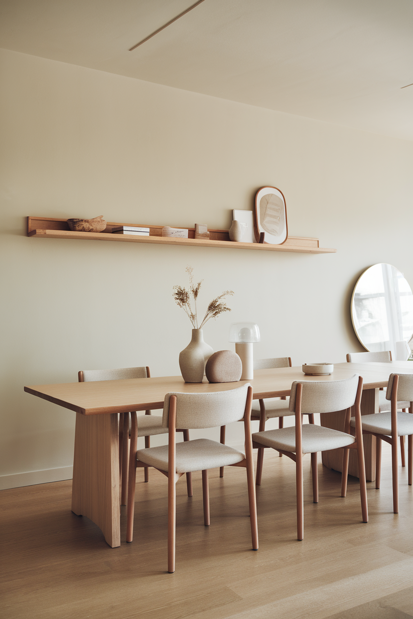 Modern Scandinavian dining area with wooden table and light-colored chairs