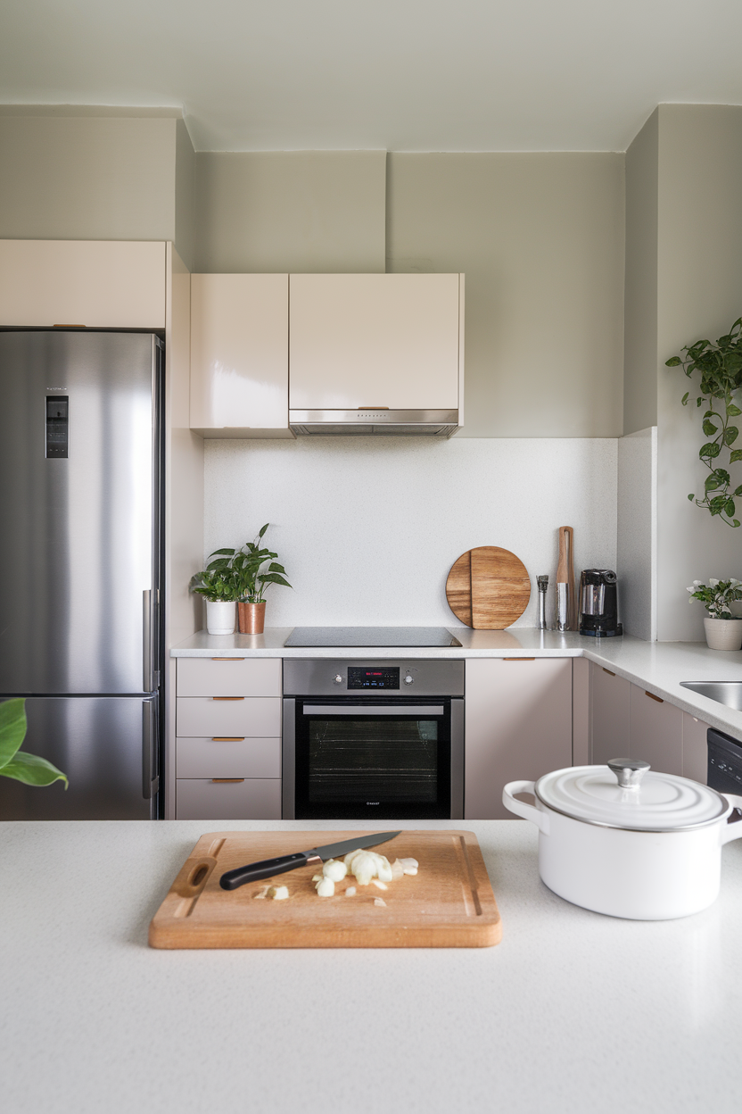 A modern kitchen featuring sleek stainless steel appliances, a cutting board with chopped onions, and houseplants.