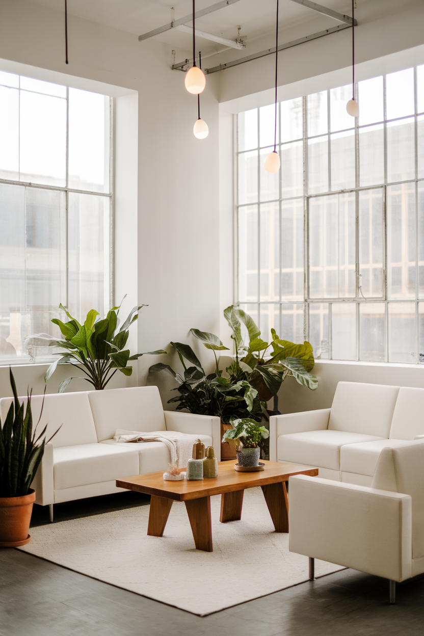 A bright room with white sofas, a wooden coffee table, and pendant lights, surrounded by indoor plants.