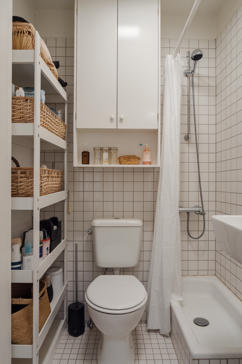 A small bathroom featuring shelves with baskets, a shower, and a toilet, demonstrating effective storage solutions.