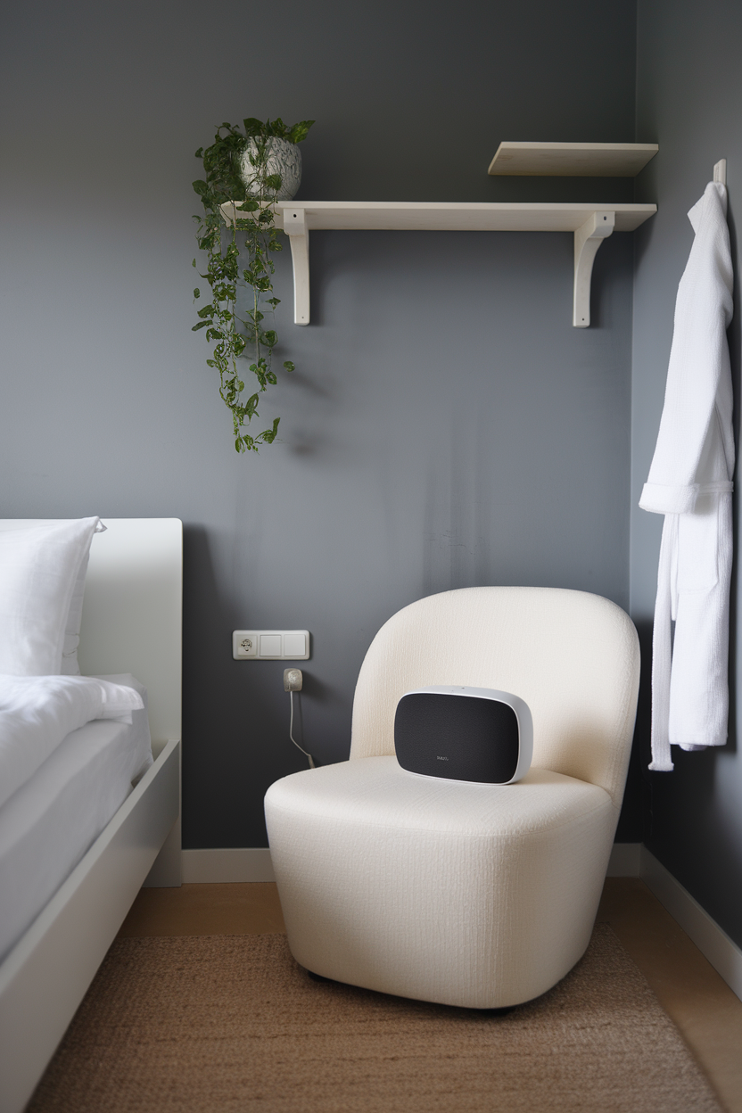 A cozy corner featuring a smart speaker on a chair, with a plant in a pot and a robe hanging nearby.