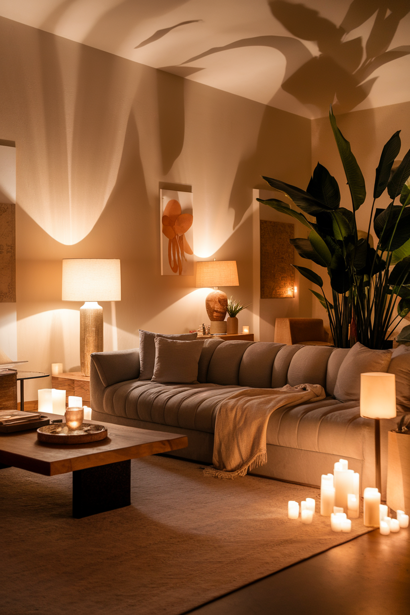 A cozy living room with soft ambient lighting, featuring a comfortable sofa, candles, and decorative plants.