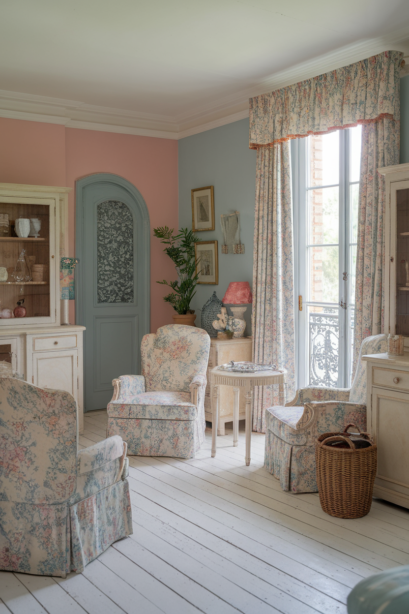 A cozy room featuring soft pastel colors with floral patterns in French country style.
