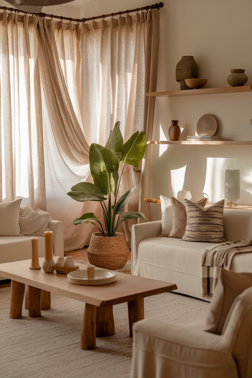 A cozy living room with soft curtains, a plant, and a wooden coffee table.