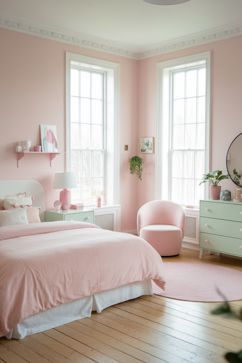 A cozy bedroom painted in soft pastel pink with light green furniture.
