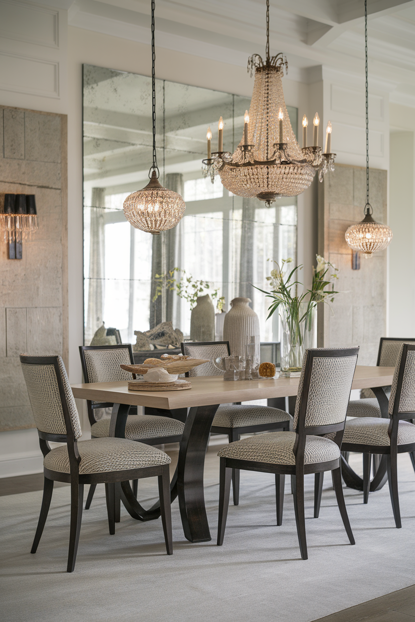 A beautifully lit dining area featuring elegant lighting fixtures.