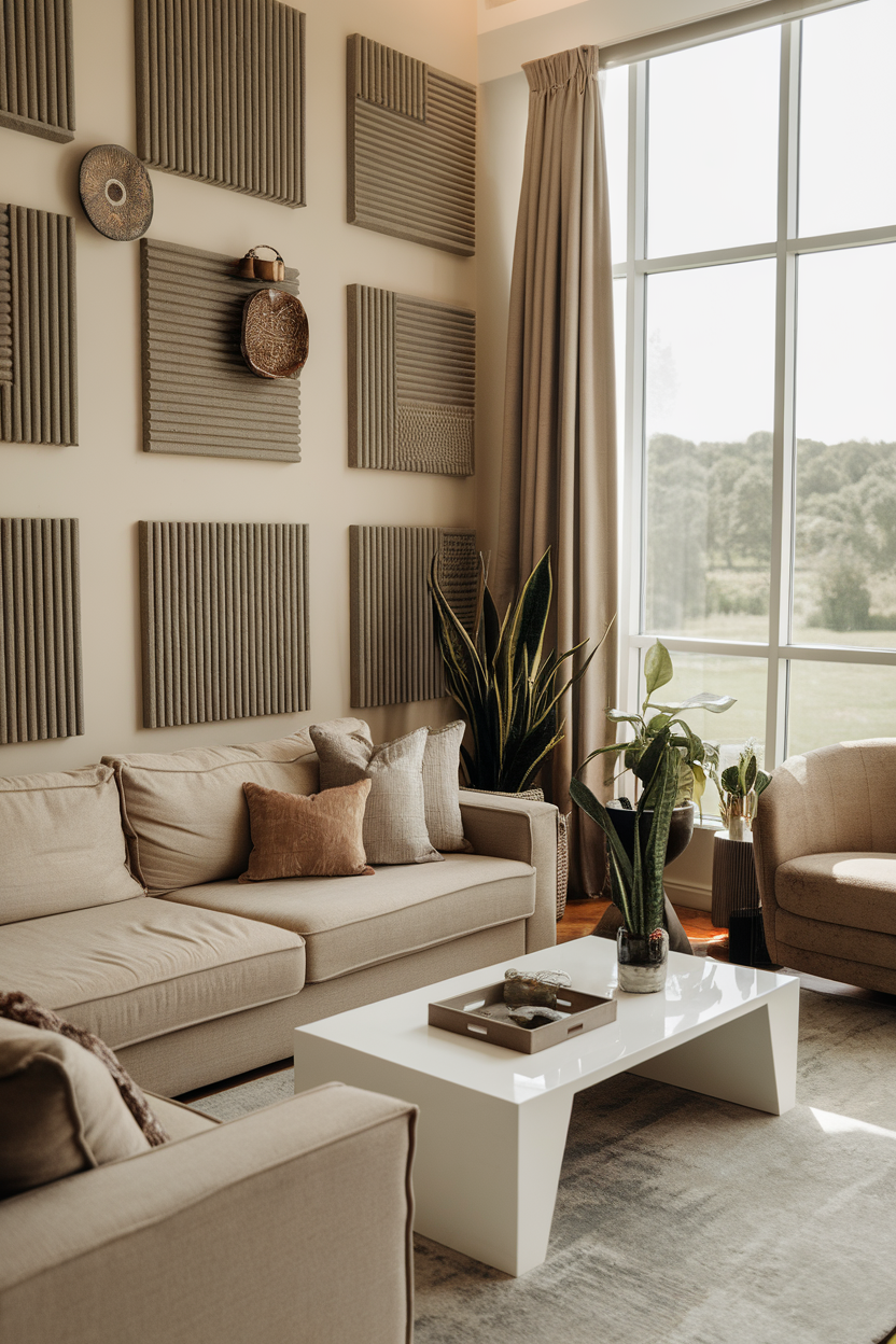A living room featuring soundproof wall panels, a cozy sofa with cushions, and potted plants by large windows.