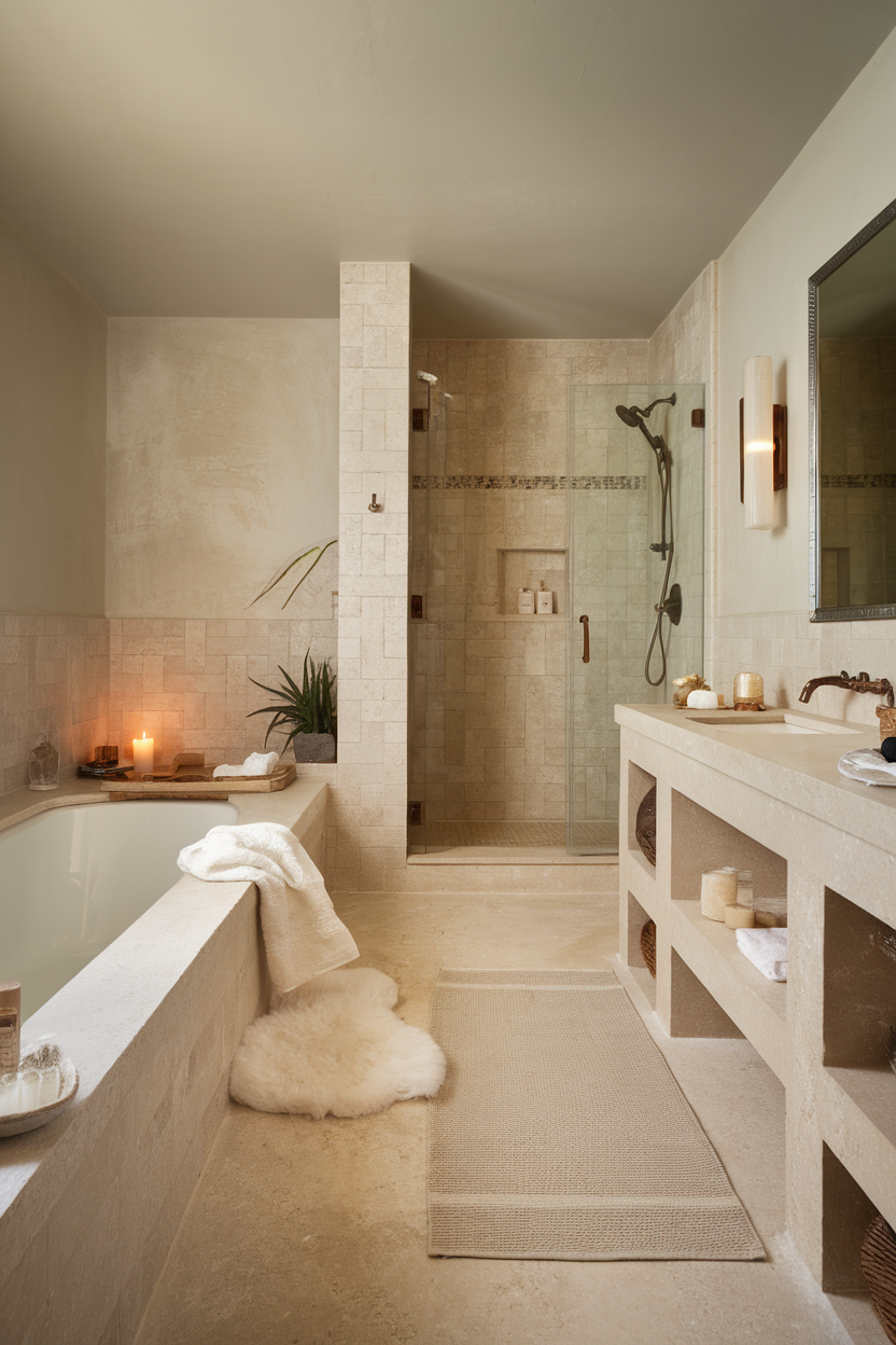 A serene bathroom featuring a bathtub, shower, and neutral-toned decor.