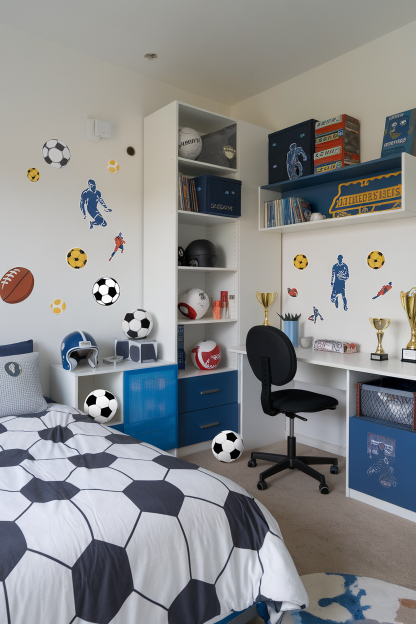 A kid's room decorated with sports-themed elements including wall stickers of athletes and various sports balls.