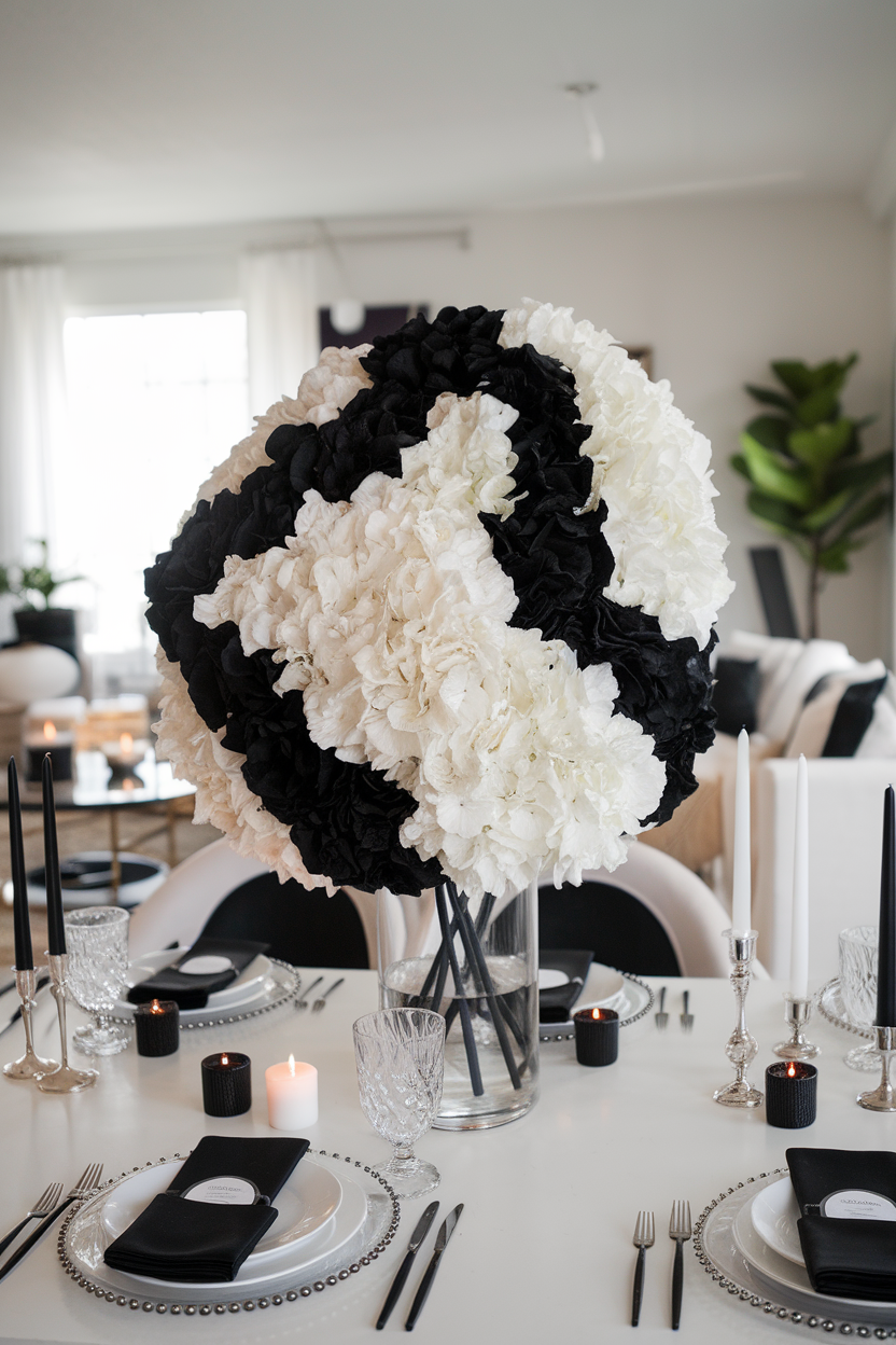 A stylish black and white floral centerpiece on a dining table.