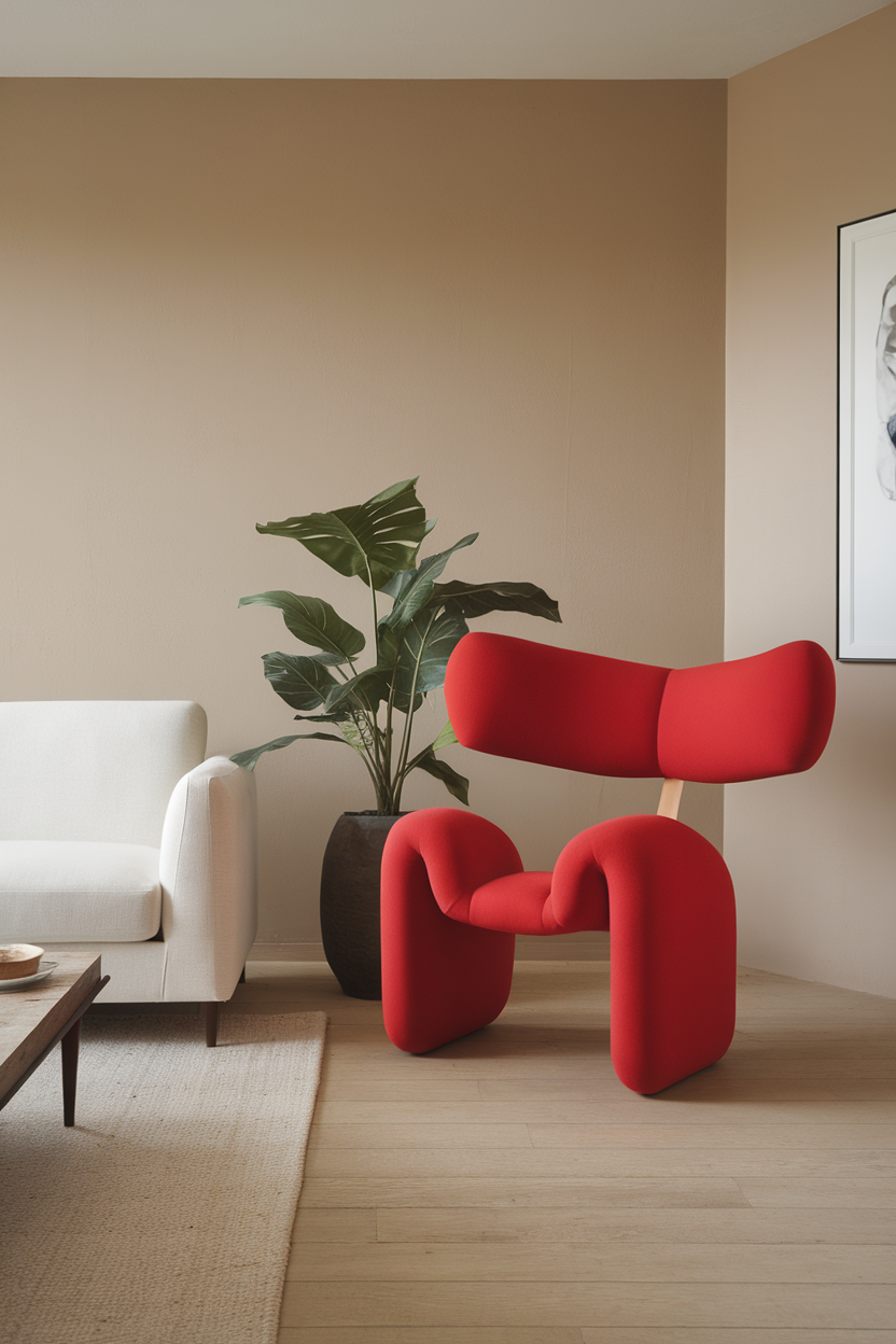 A striking red statement chair in a minimalist sitting room with a white couch and potted plant.