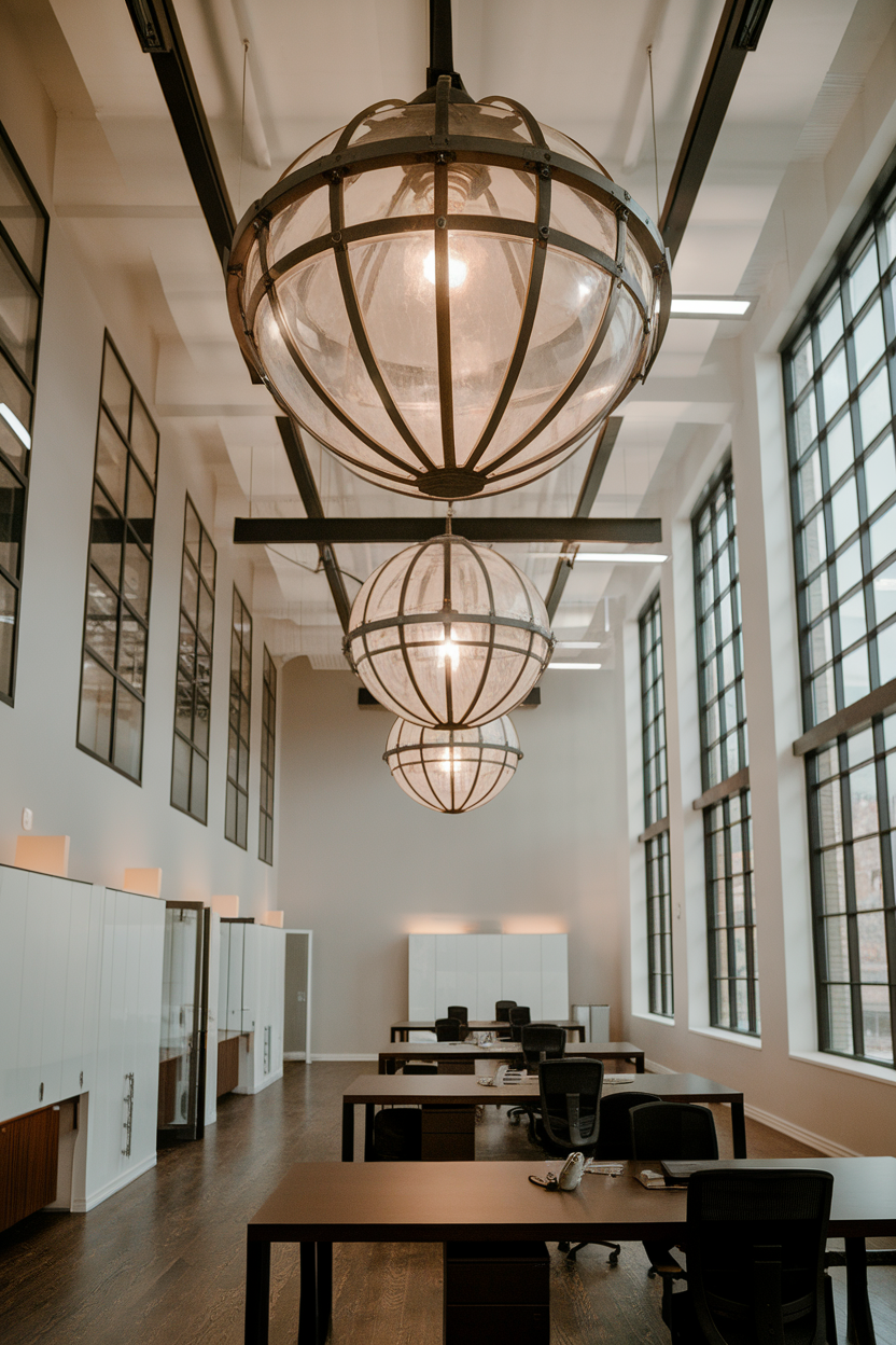 A modern office featuring stylish pendant lighting fixtures.