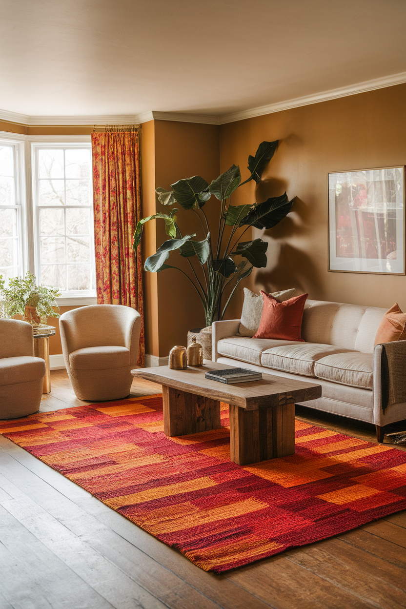 A cozy living room featuring a bold, colorful statement rug with a wooden coffee table and comfortable seating.