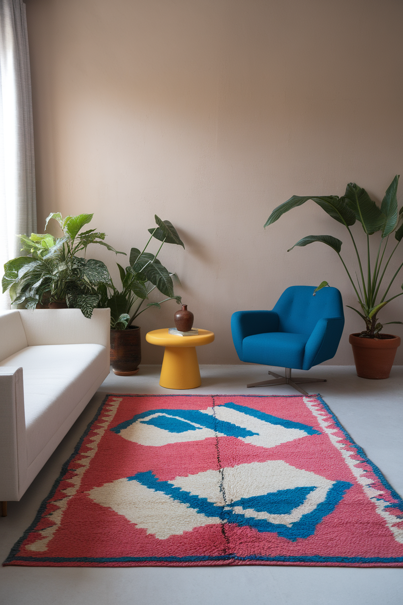 A colorful statement rug in a modern living room with plants and furniture.