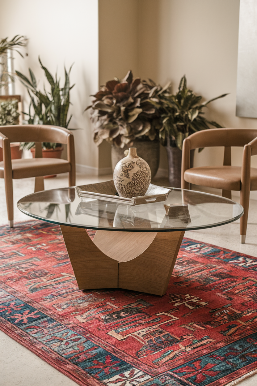 A cozy living room featuring a vibrant statement rug under a glass table and surrounded by stylish chairs.