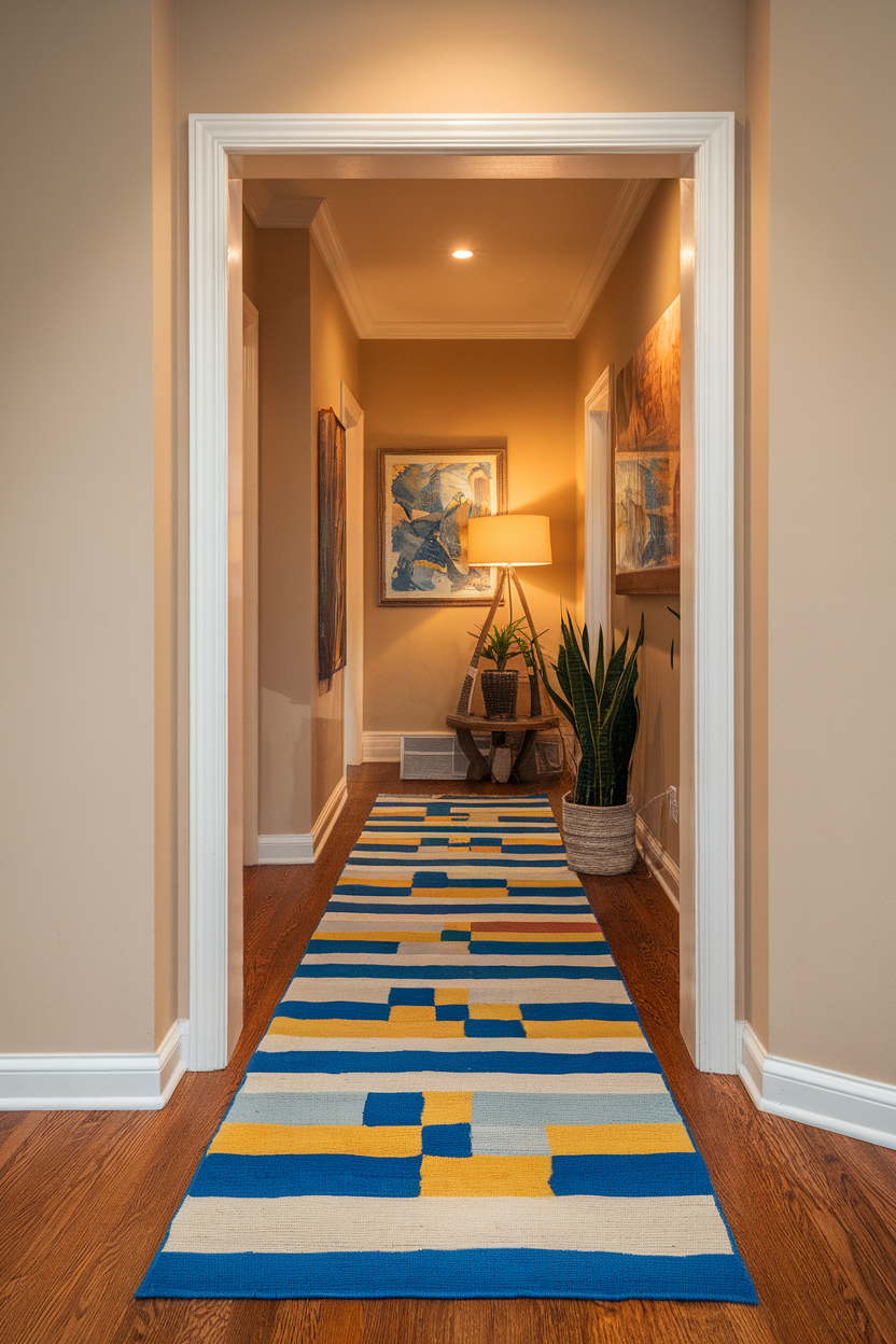 A colorful statement rug running through a hallway, adding a bright touch to the space