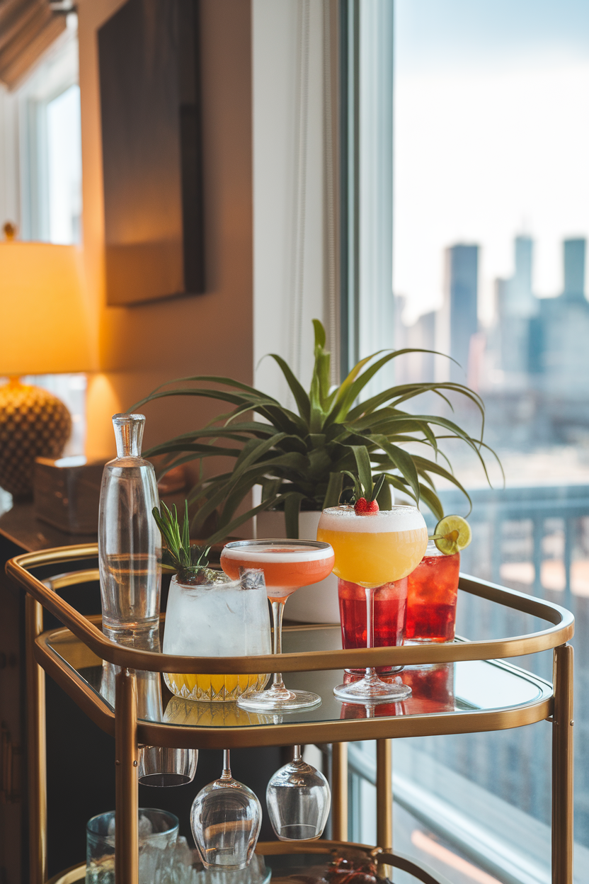 A stylish bar cart featuring colorful cocktails and a plant, with a city view in the background.