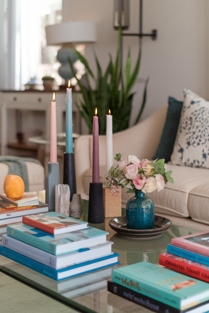 A stylish coffee table decorated with stacked books, candles, and a flower vase.