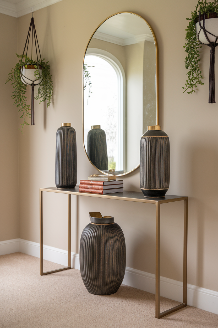 Stylish console table with vases and books against a neutral wall