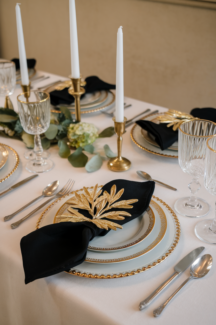 Stylish dining table with black napkins, gold accents, and candles.