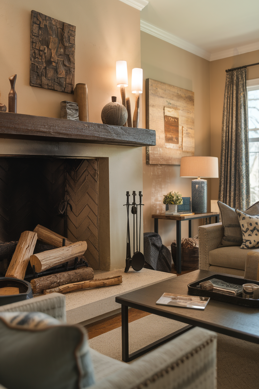 A stylish living room featuring a fireplace with wooden logs, decorative accessories, and cozy seating.