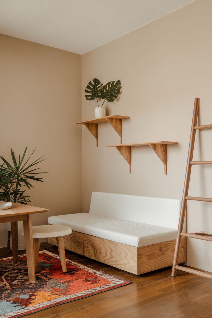 Cozy room with beige walls, wooden furniture, and colorful rug