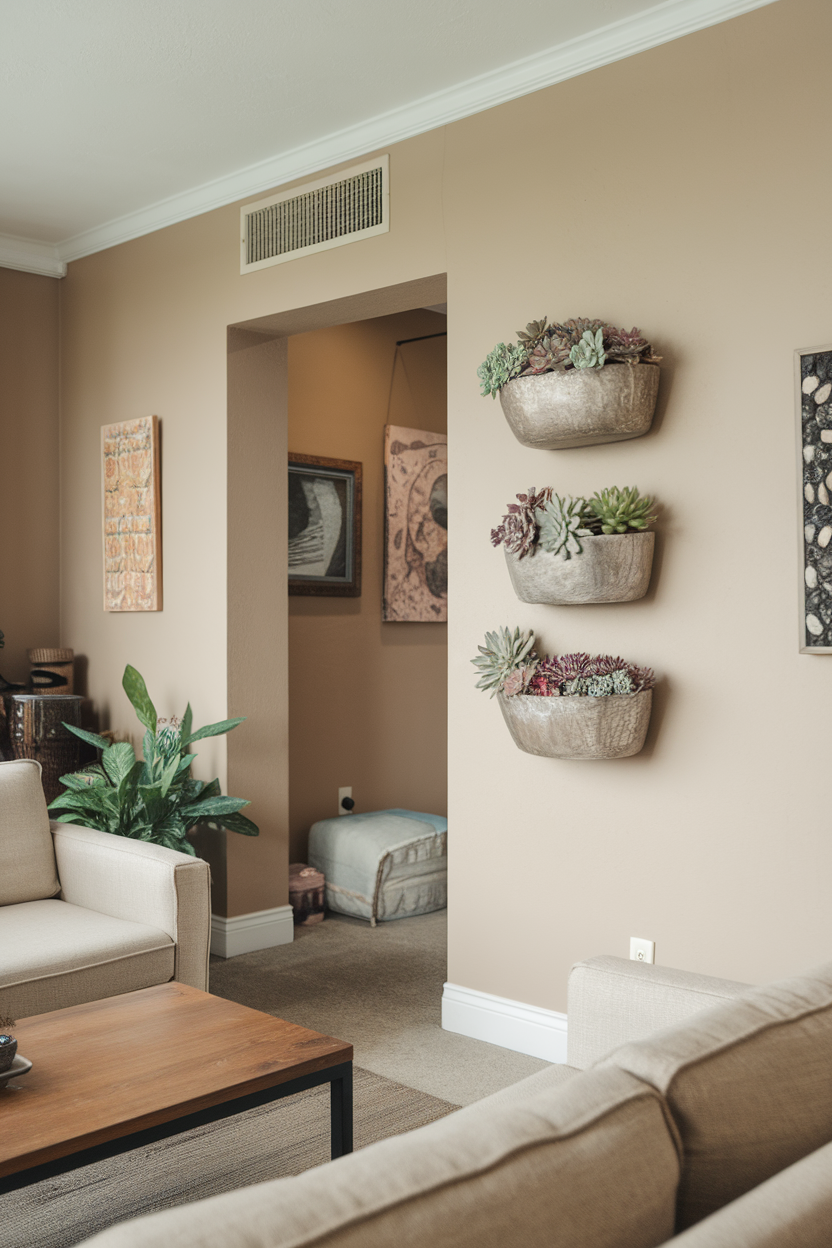 A living room featuring three wall-mounted succulent planters against a beige wall.