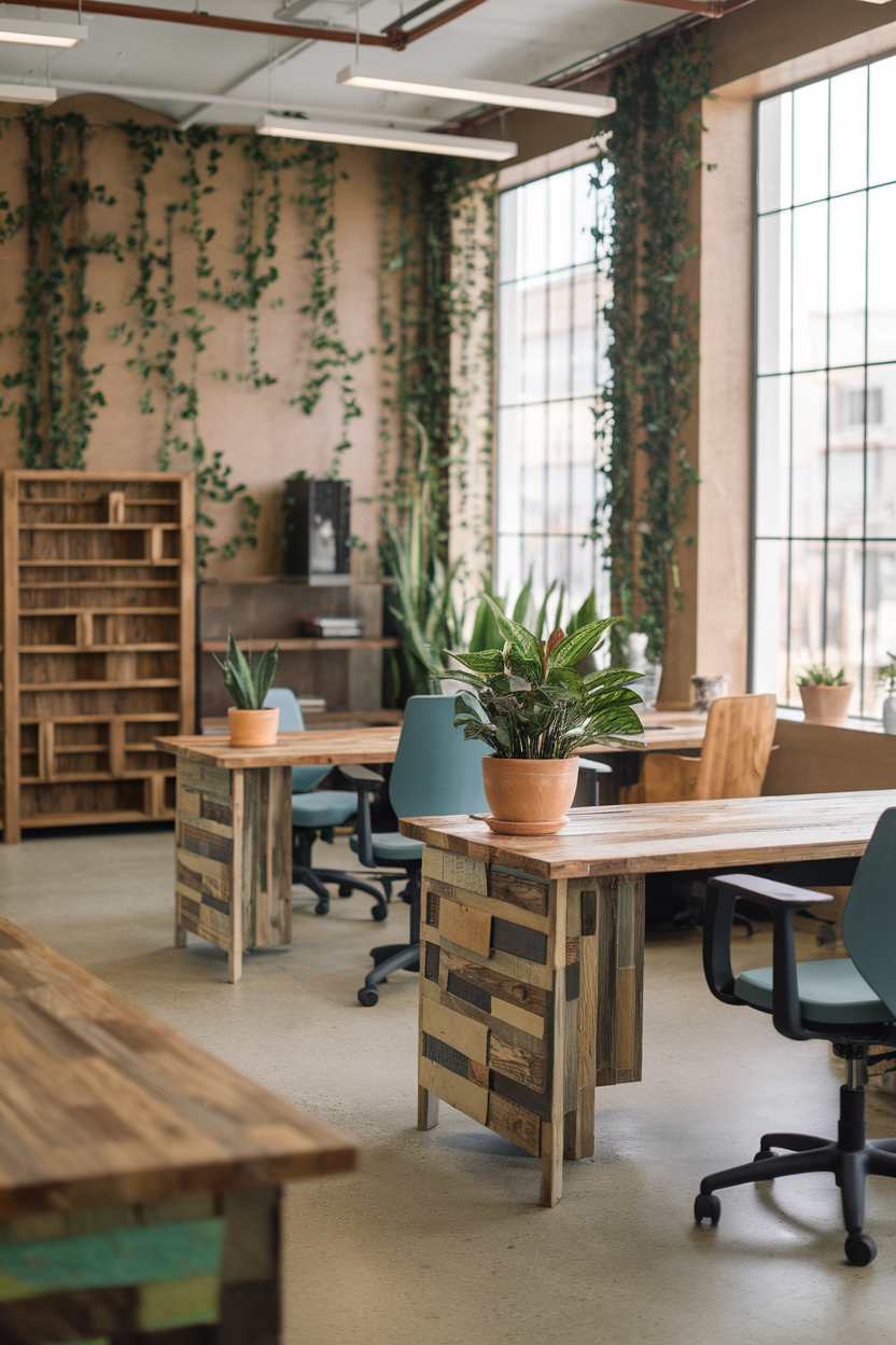 A bright and airy office space with wooden tables, green plants, and large windows.