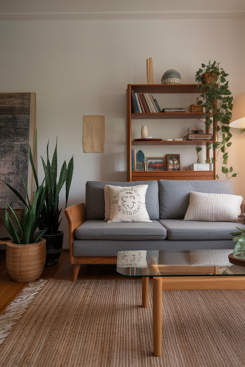 A cozy living room with natural decor elements, featuring a gray sofa, houseplants, and wood accents.